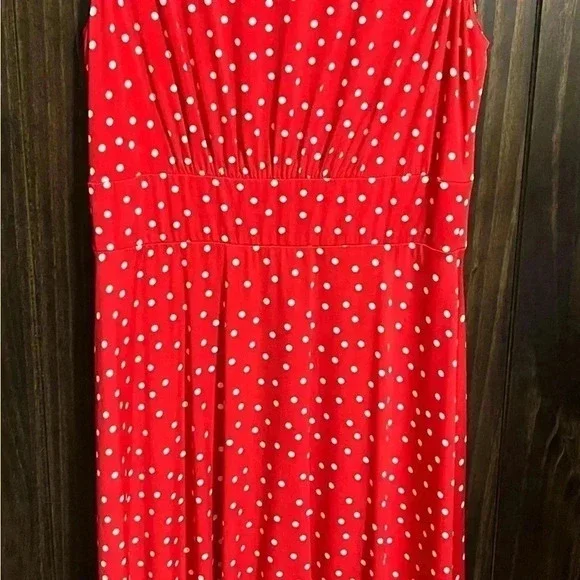LONDON TIMES Sleeveless Flare Midi Dress Red with White Polkadots-Size: US 8 - Picture 8 of 10